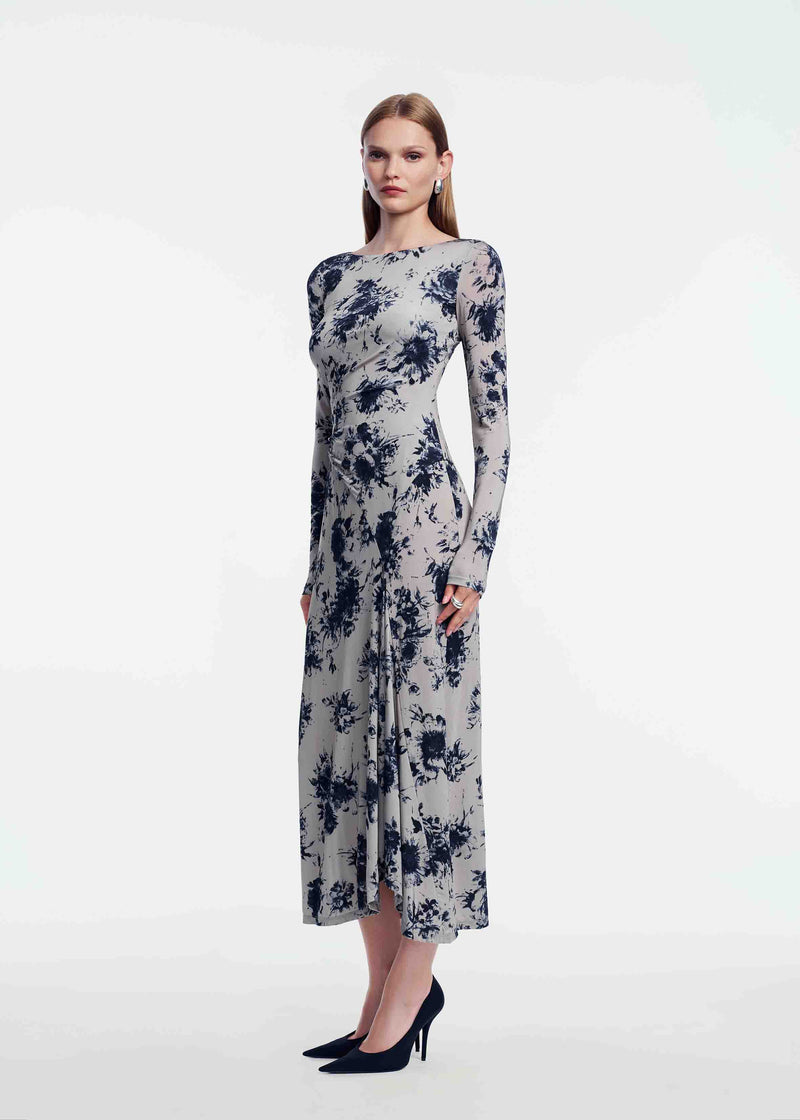 Floral Printed Jersey Draped Front Dress