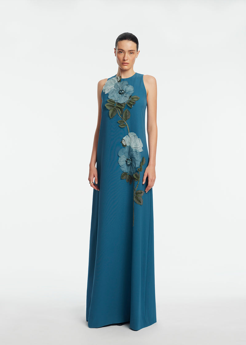 Peony Embroidered Fluid Crepe Francie Gown Mallard/Mallard / 2 / S269516 Peony Embroidered Fluid Crepe Francie Gown Mallard/Mallard / 2 / S269516