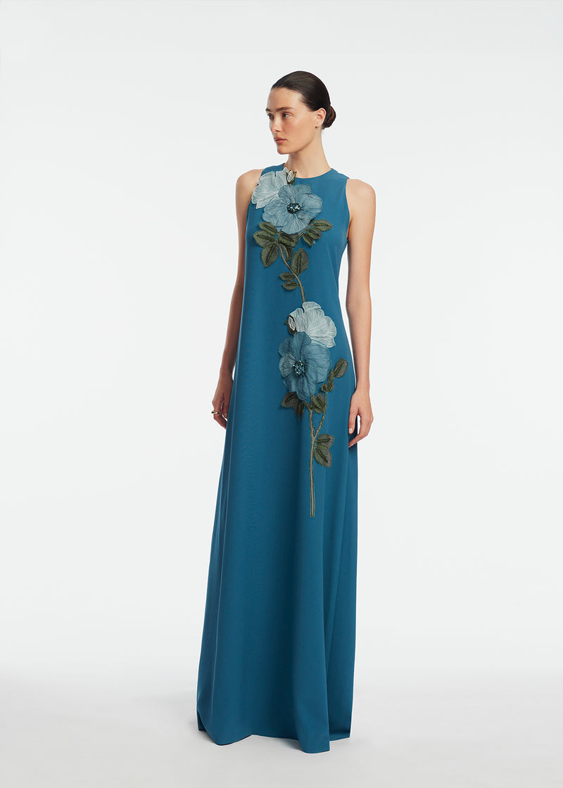 Peony Embroidered Fluid Crepe Francie Gown Mallard/Mallard / 2 / S269516 Peony Embroidered Fluid Crepe Francie Gown Mallard/Mallard / 2 / S269516