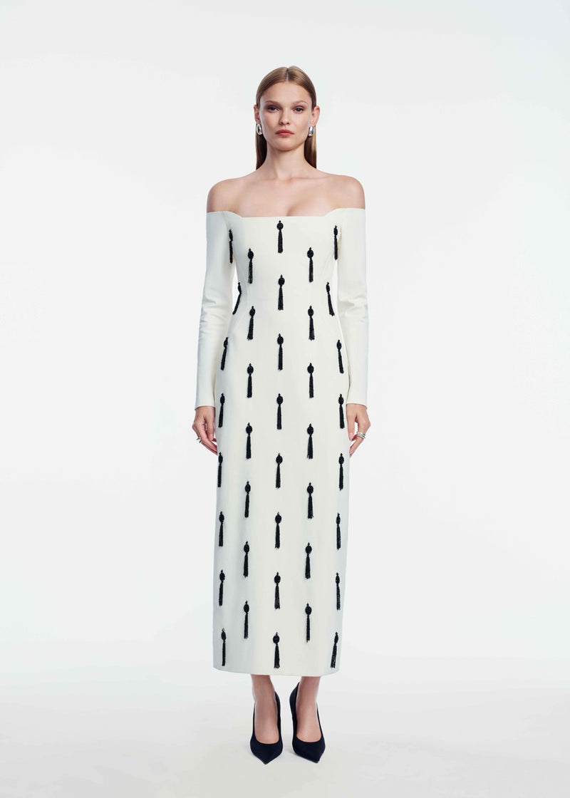 Tassel Embroidered Stretch Cotton Off The Shoulder Dress