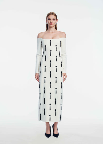 Tassel Embroidered Stretch Cotton Off The Shoulder Dress