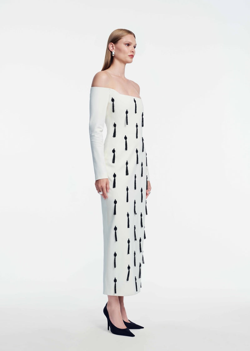 Tassel Embroidered Stretch Cotton Off The Shoulder Dress