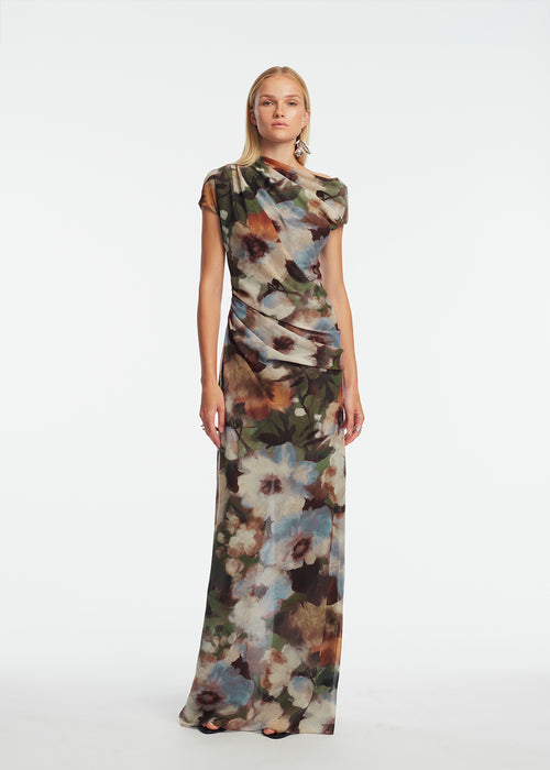 Floral Printed Chiffon Draped Column Gown