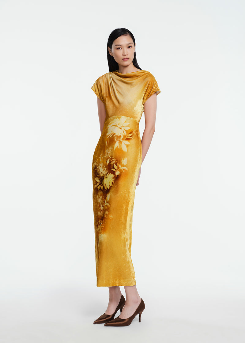 Floral Printed Velvet Draped Dress