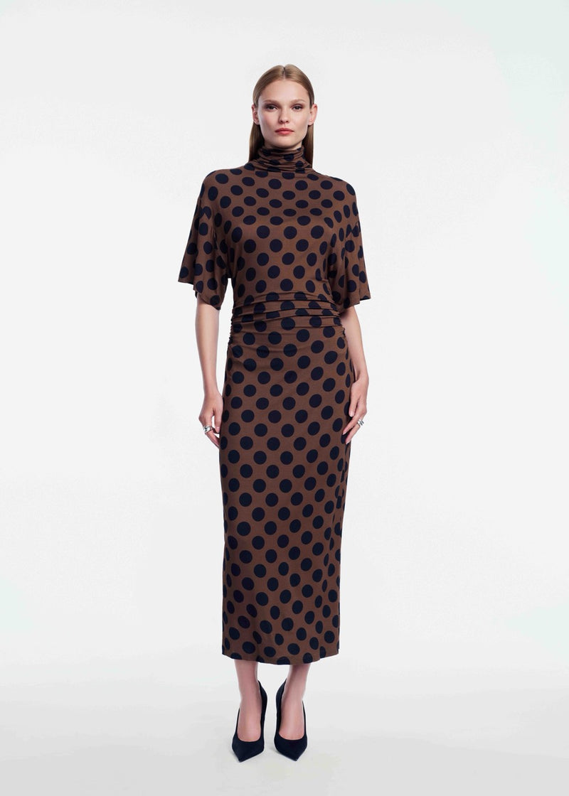 Polka Dot Jersey Turtleneck Dress
