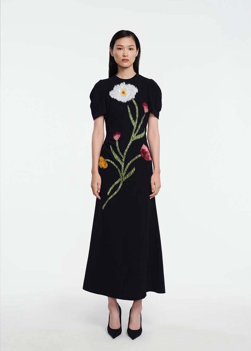 Ikat Floral Embroidered Fluid Crepe Draped Dress
