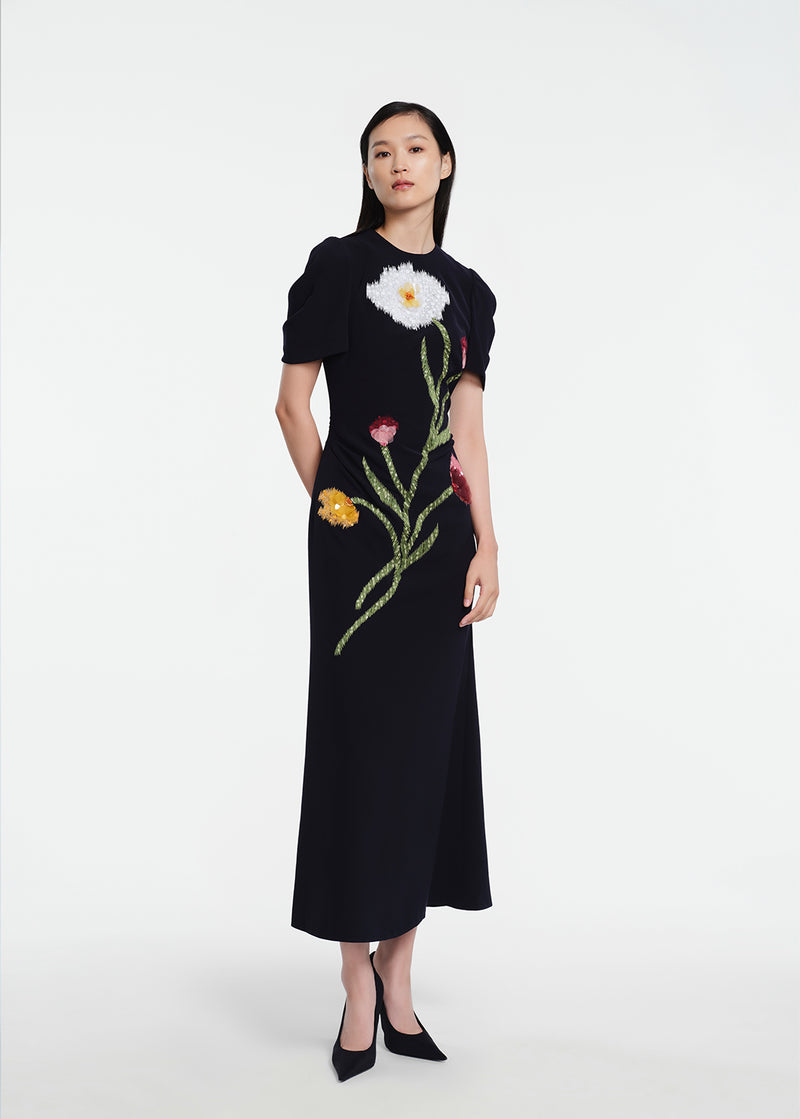 Ikat Floral Embroidered Fluid Crepe Draped Dress