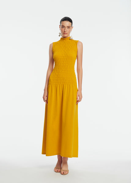 Lela Rose Smocked Knit Mock Neck Dress