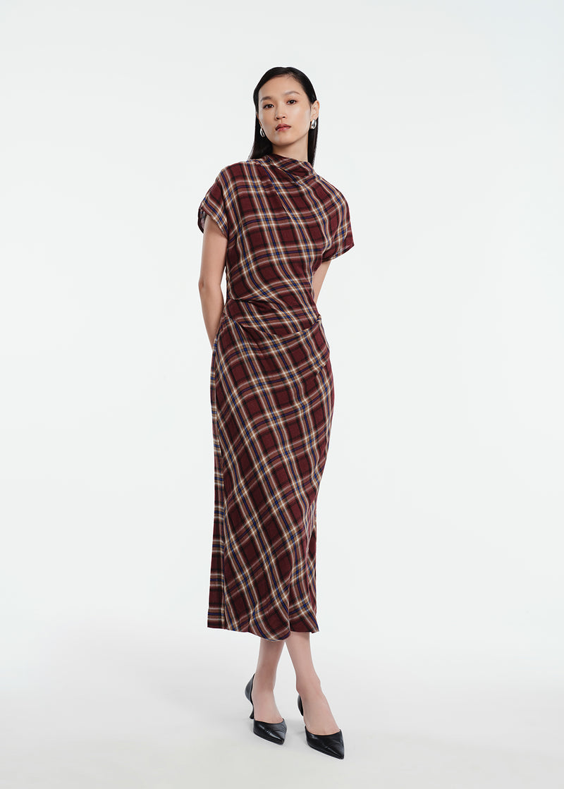 Plaid Gauze Draped Dress