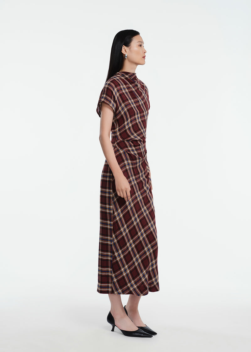 Plaid Gauze Draped Dress