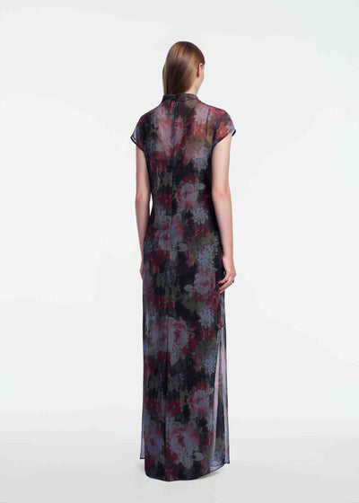 Floral Printed Chiffon Draped Gown