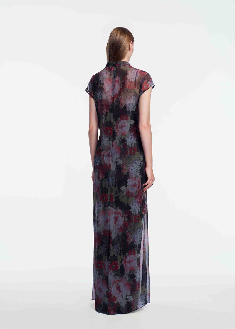 Floral Printed Chiffon Draped Gown