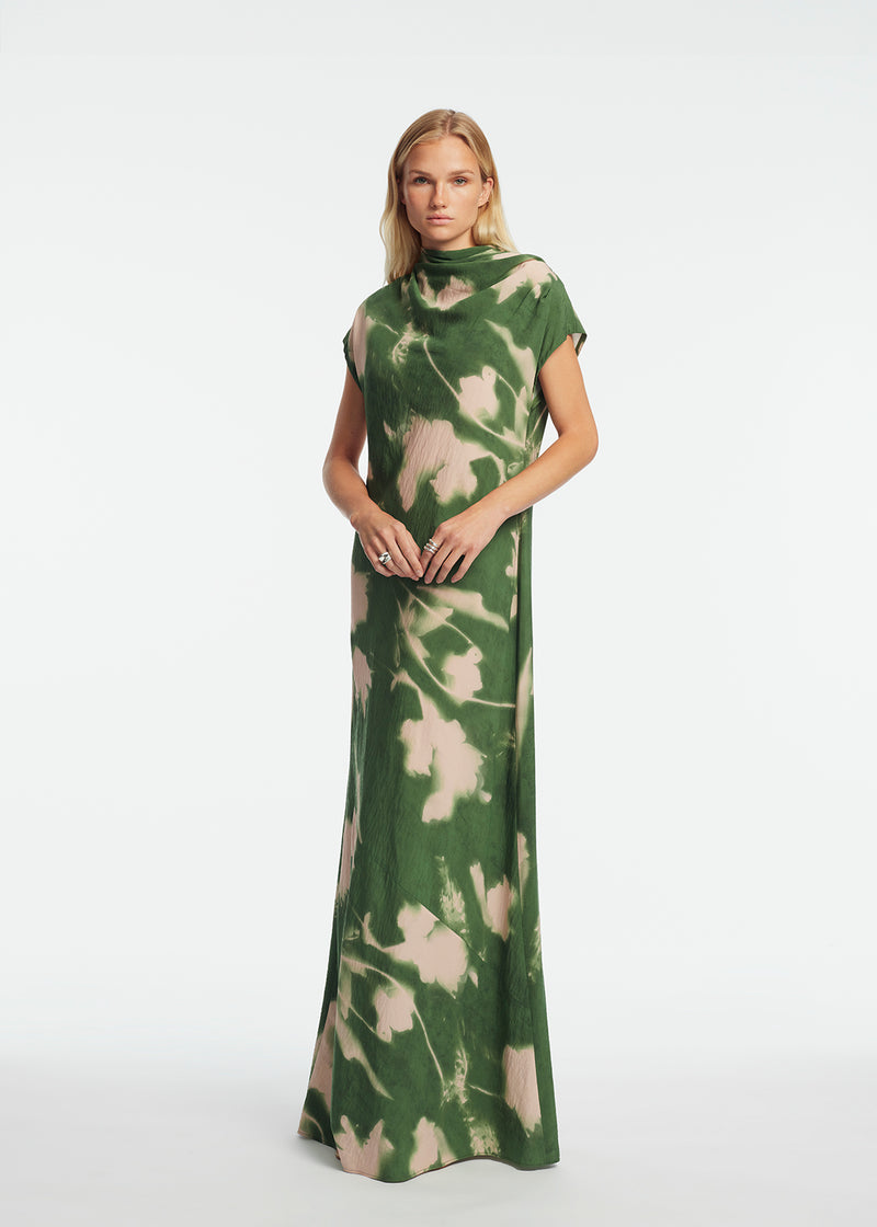 Abstract Floral Crepe Draped Gown