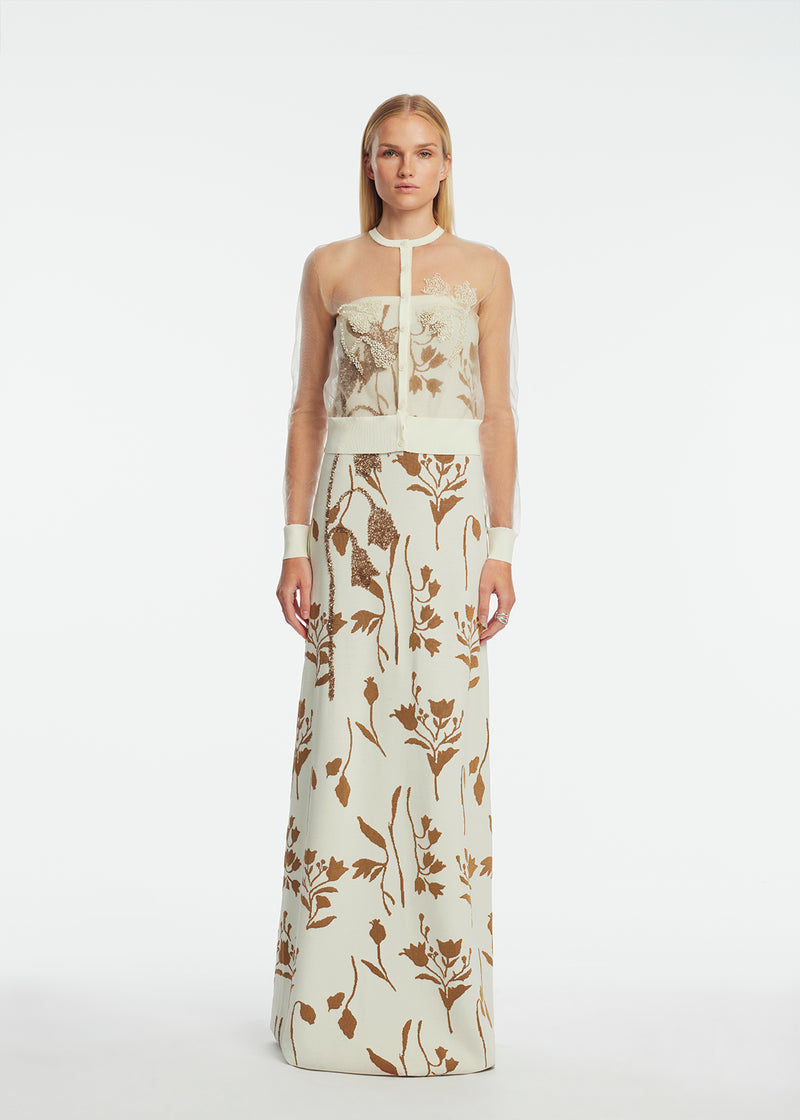 Floral Jacquard Knit Sheer Beaded Cardigan Lela Rose Floral Jacquard Knit Sheer Beaded Cardigan Lela Rose