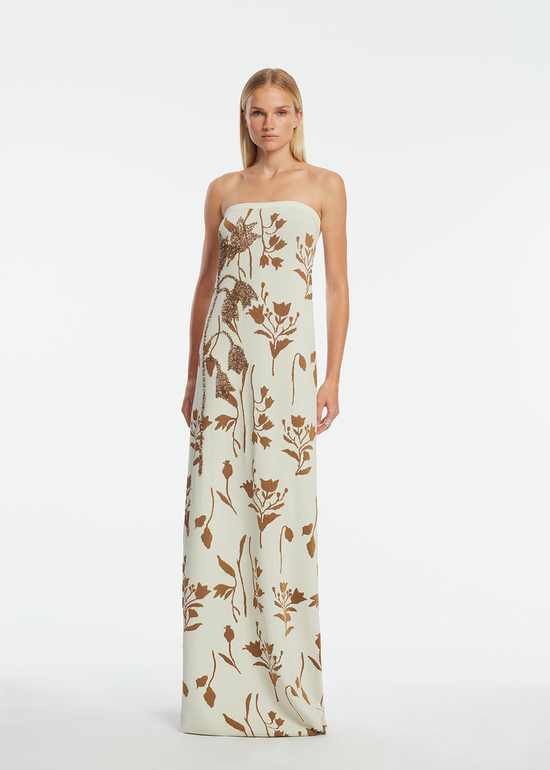 Floral Jacquard Knit Beaded Strapless Dress Cream/Camel / S / S263793 Floral Jacquard Knit Beaded Strapless Dress Cream/Camel / S / S263793