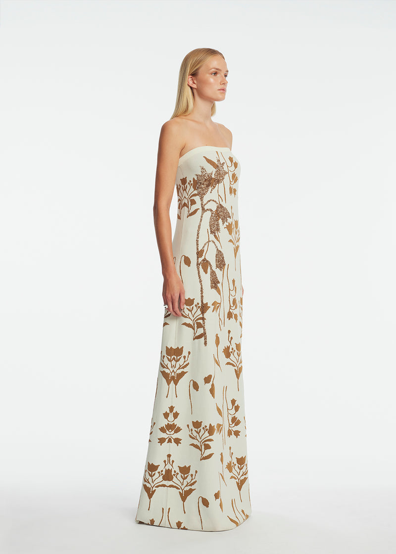 Floral Jacquard Knit Beaded Strapless Dress Cream/Camel / S / S263793 Floral Jacquard Knit Beaded Strapless Dress Cream/Camel / S / S263793