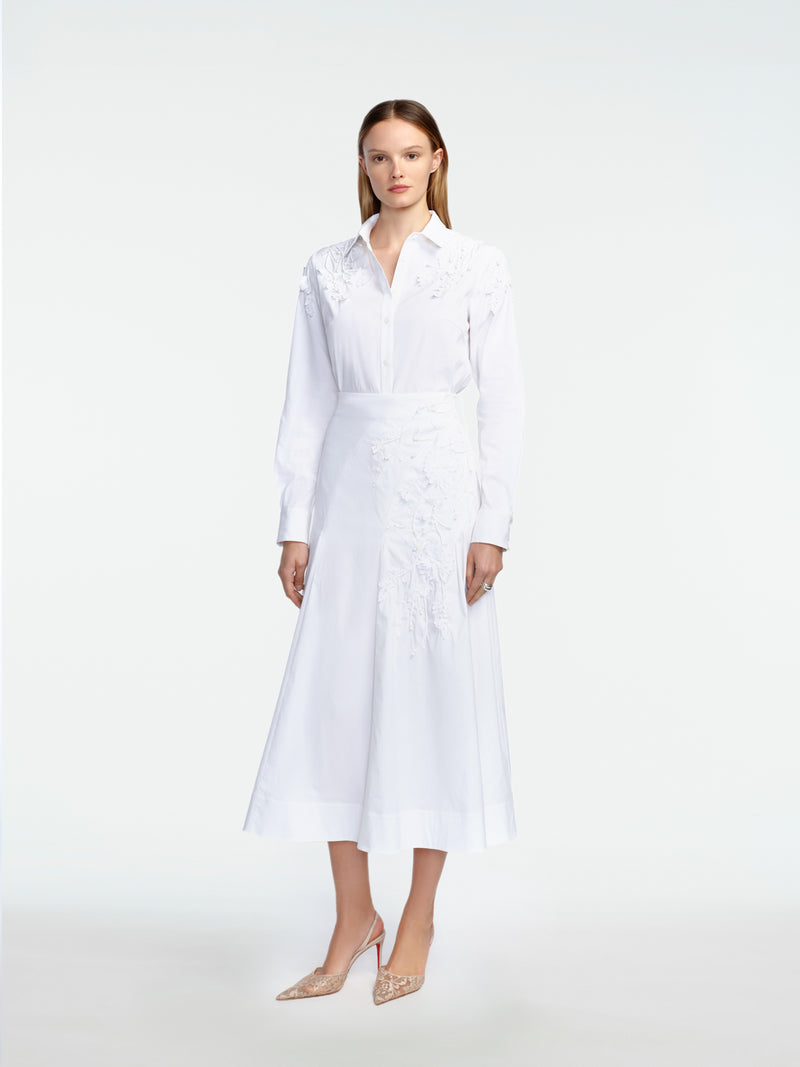 Porcelain Floral Embroidered Cotton Poplin Skirt