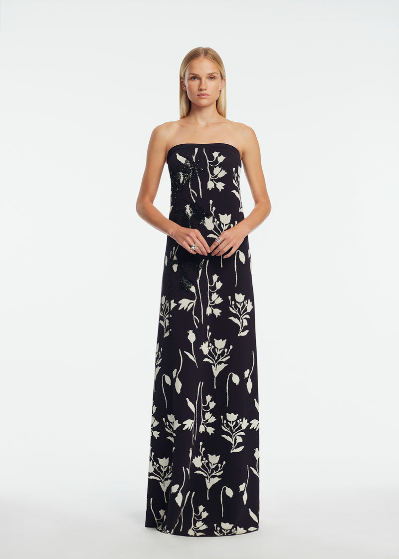 Floral Jacquard Knit Beaded Strapless Dress