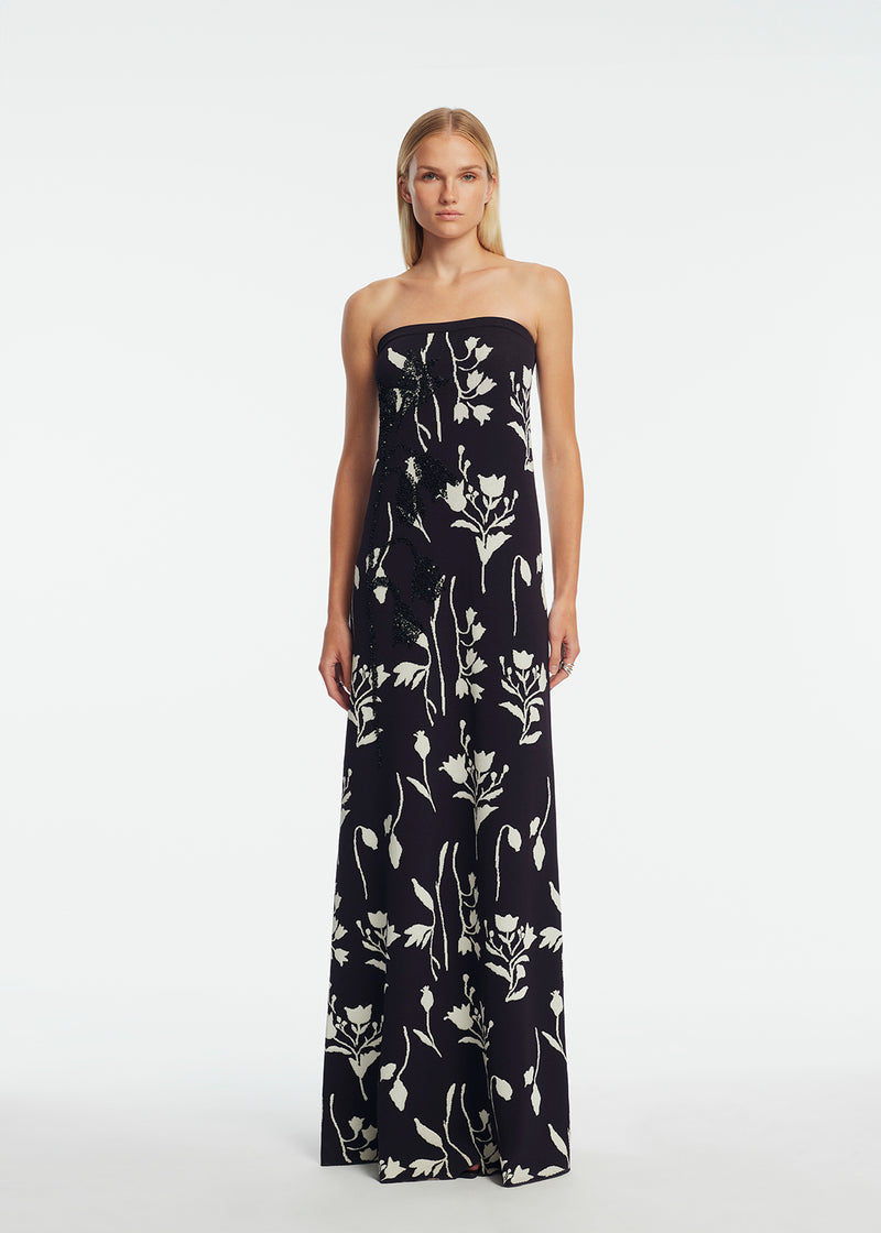 Floral Jacquard Knit Beaded Strapless Dress