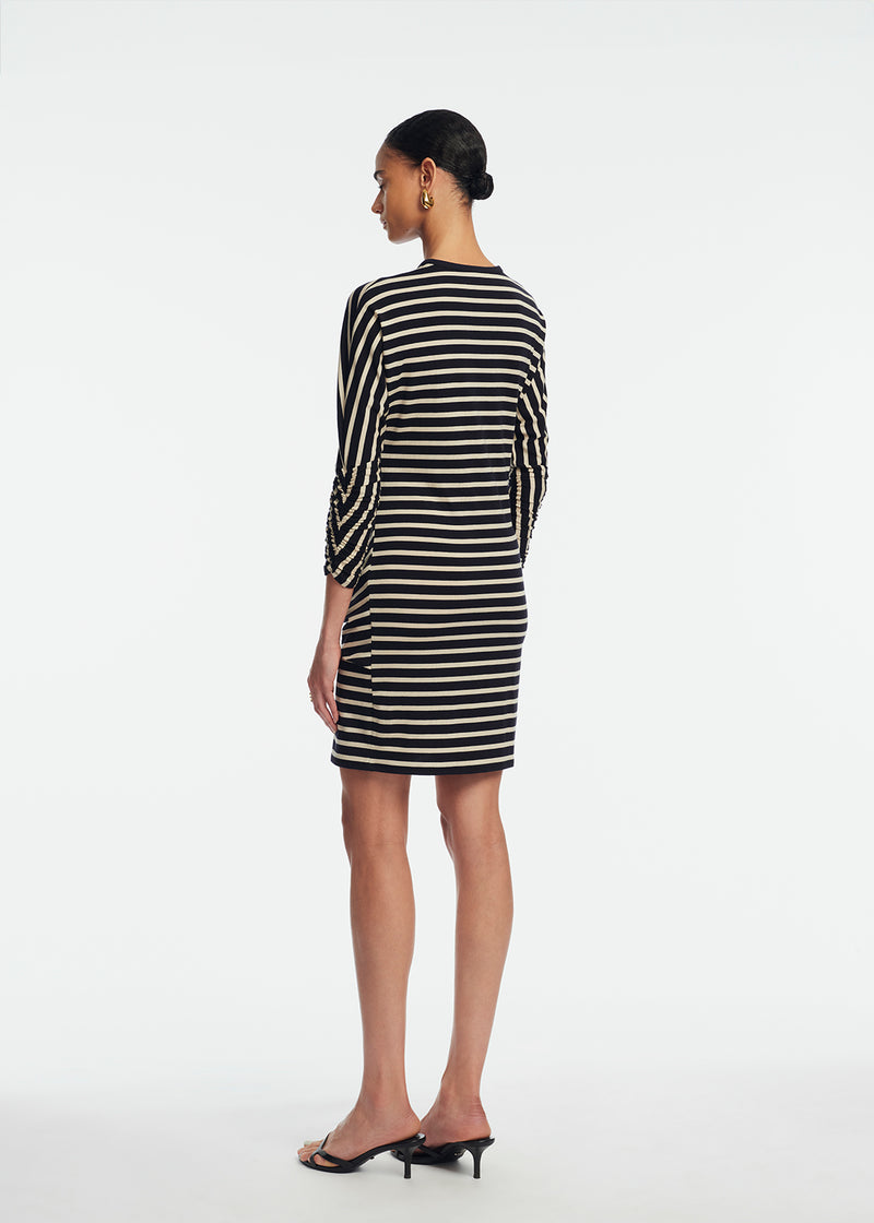 striped ruched dress Glassworks London Ivory And Blue Vertical Striped Ruched Bodice Dress