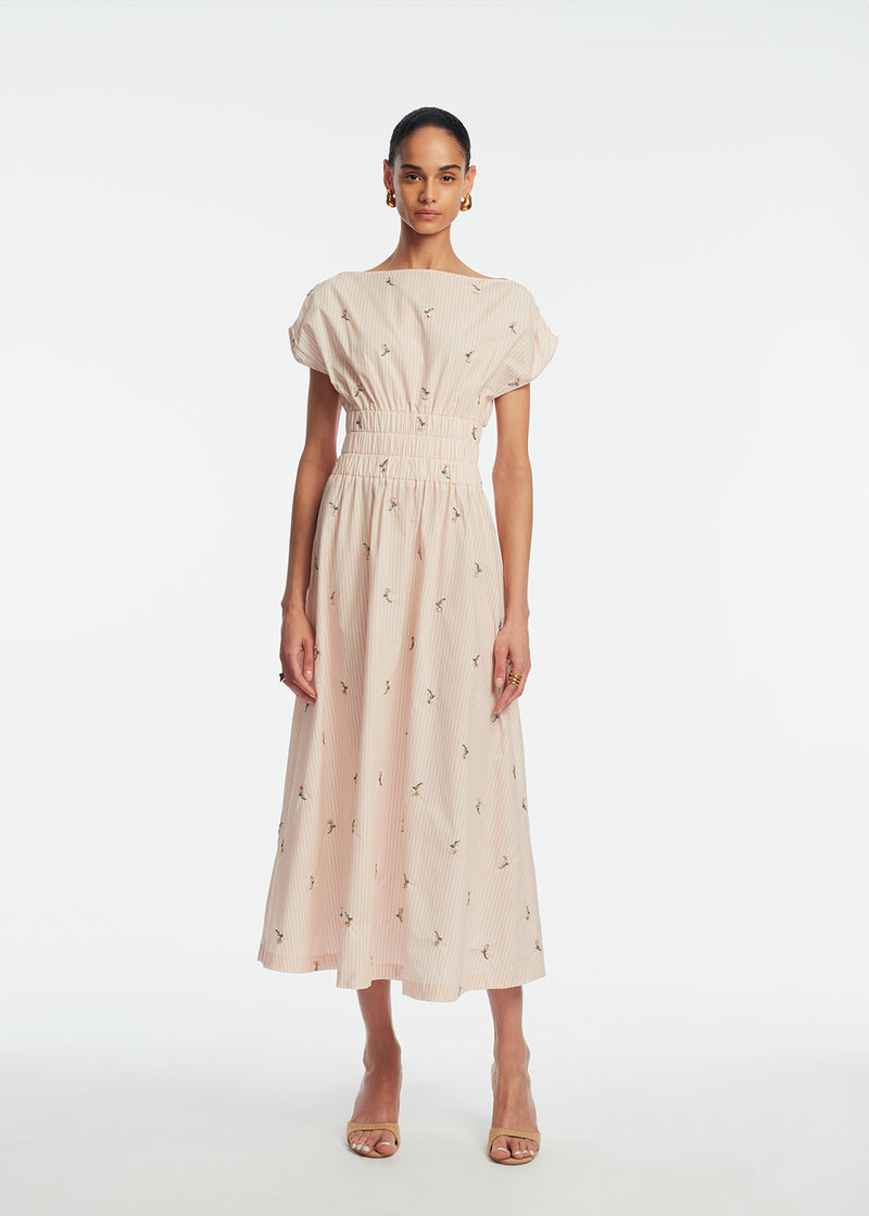 Embroidered Striped Cotton Midi Dress