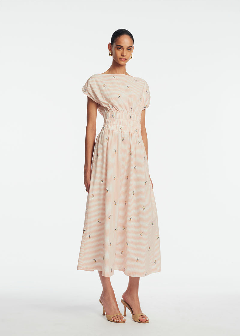 Embroidered Striped Cotton Midi Dress