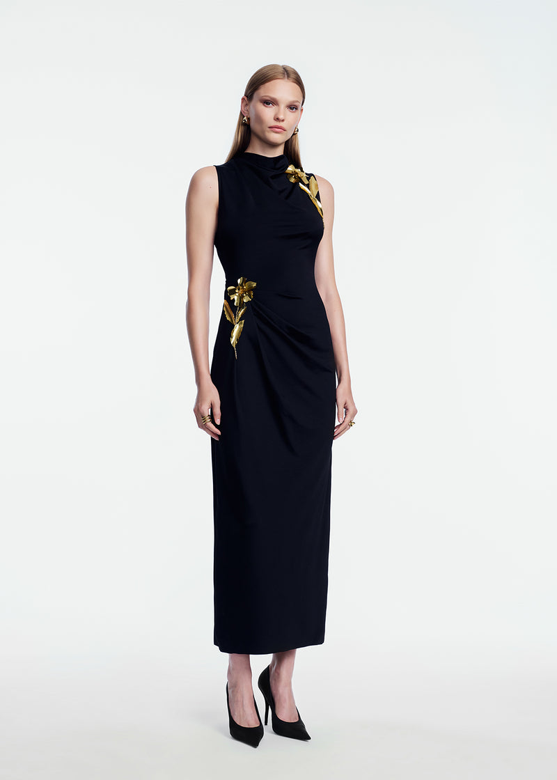3D Metallic Embroidered Satin Jersey Column Dress