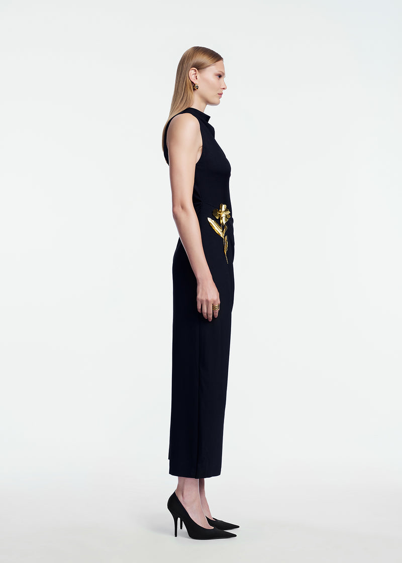 3D Metallic Embroidered Satin Jersey Column Dress