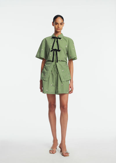 Embroidered Striped Cotton Bow Front Shirt