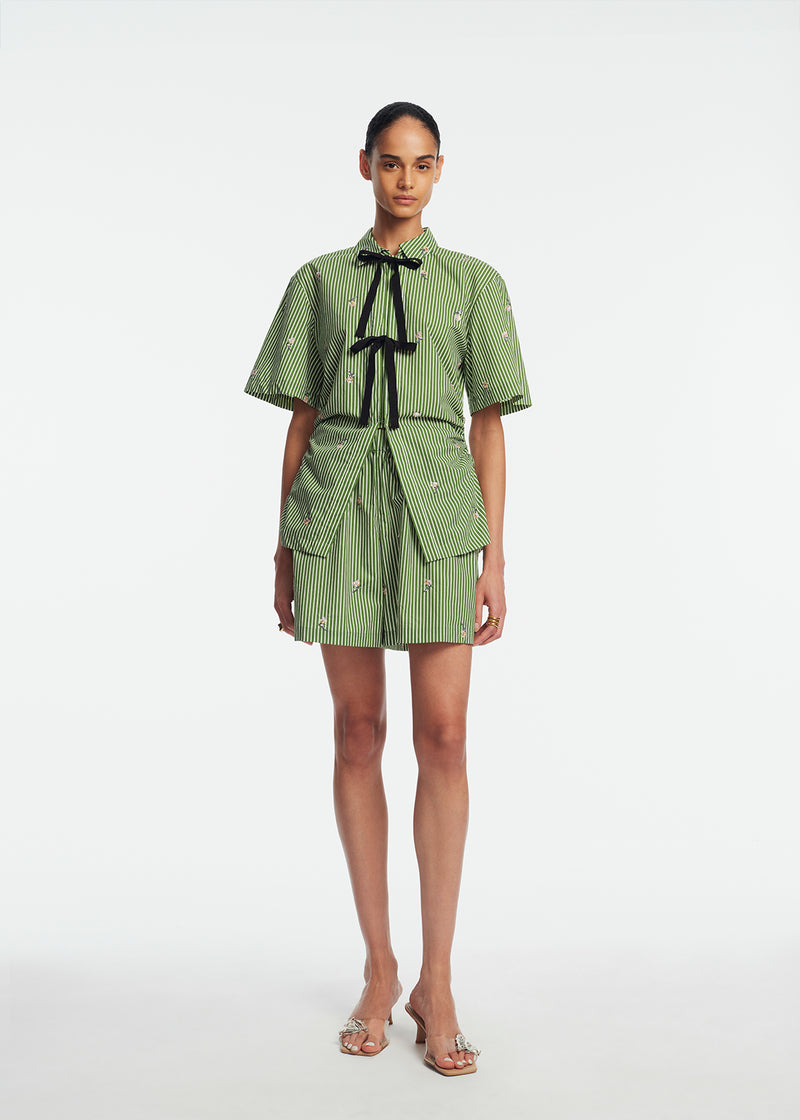 Embroidered Striped Cotton Bow Front Shirt