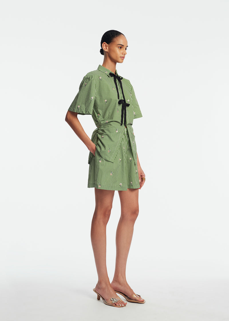 Embroidered Striped Cotton Bow Front Shirt