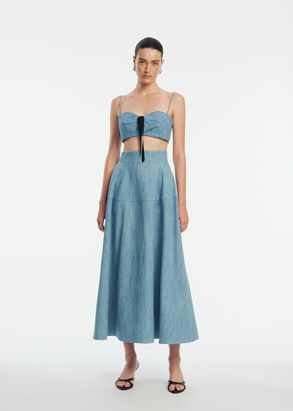 knee length dresses for ladies Atun Denim Bandeau Maxi Dress in Brown Blue Acid Wash