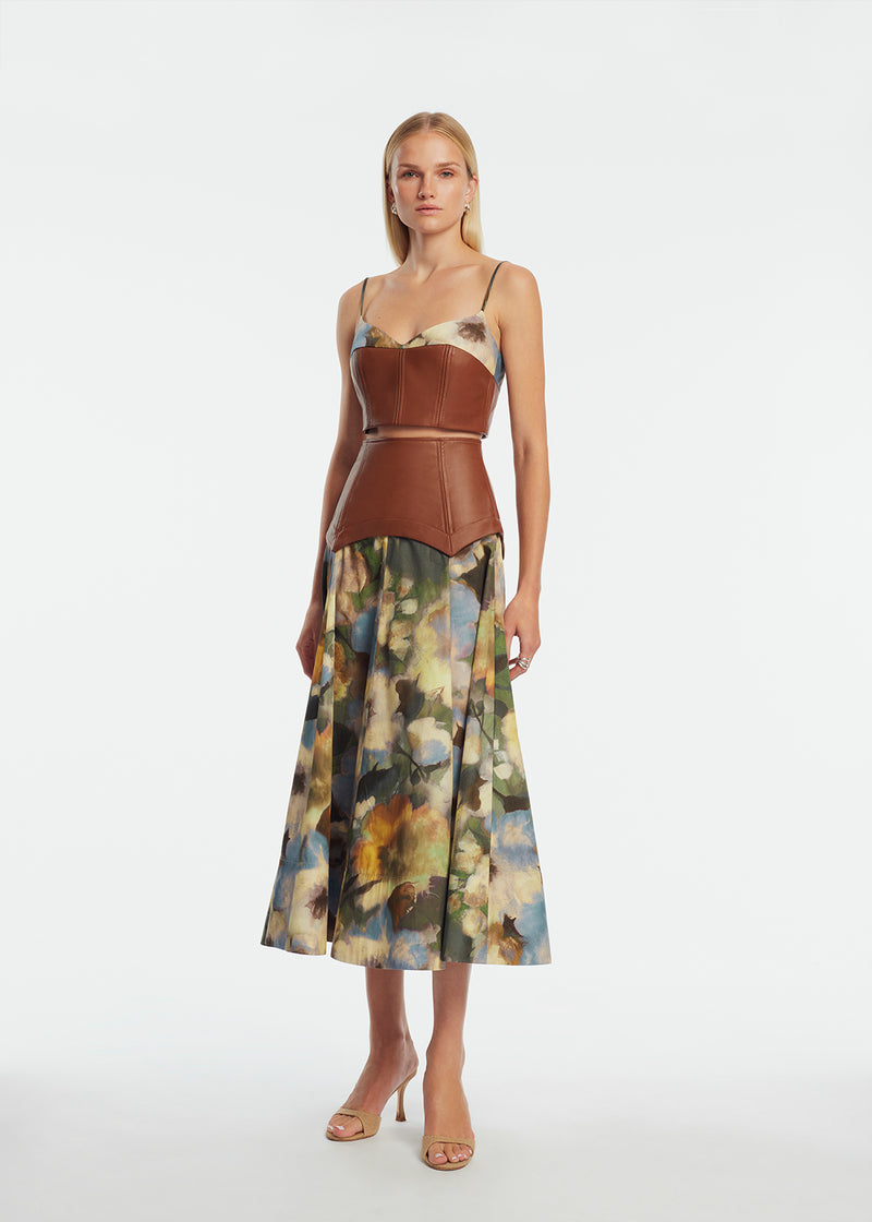 Floral Printed Cotton Leather Yoke Skirt