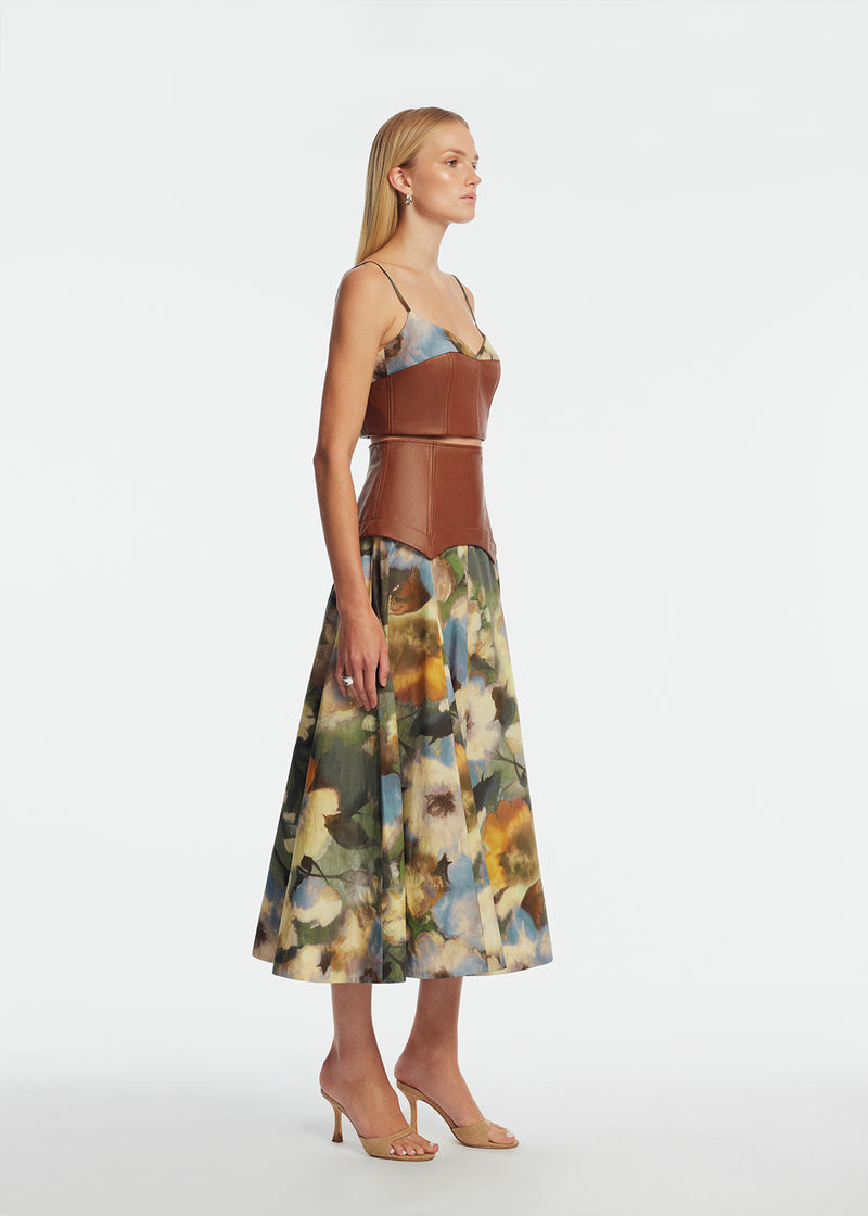 Floral Printed Cotton Leather Yoke Skirt