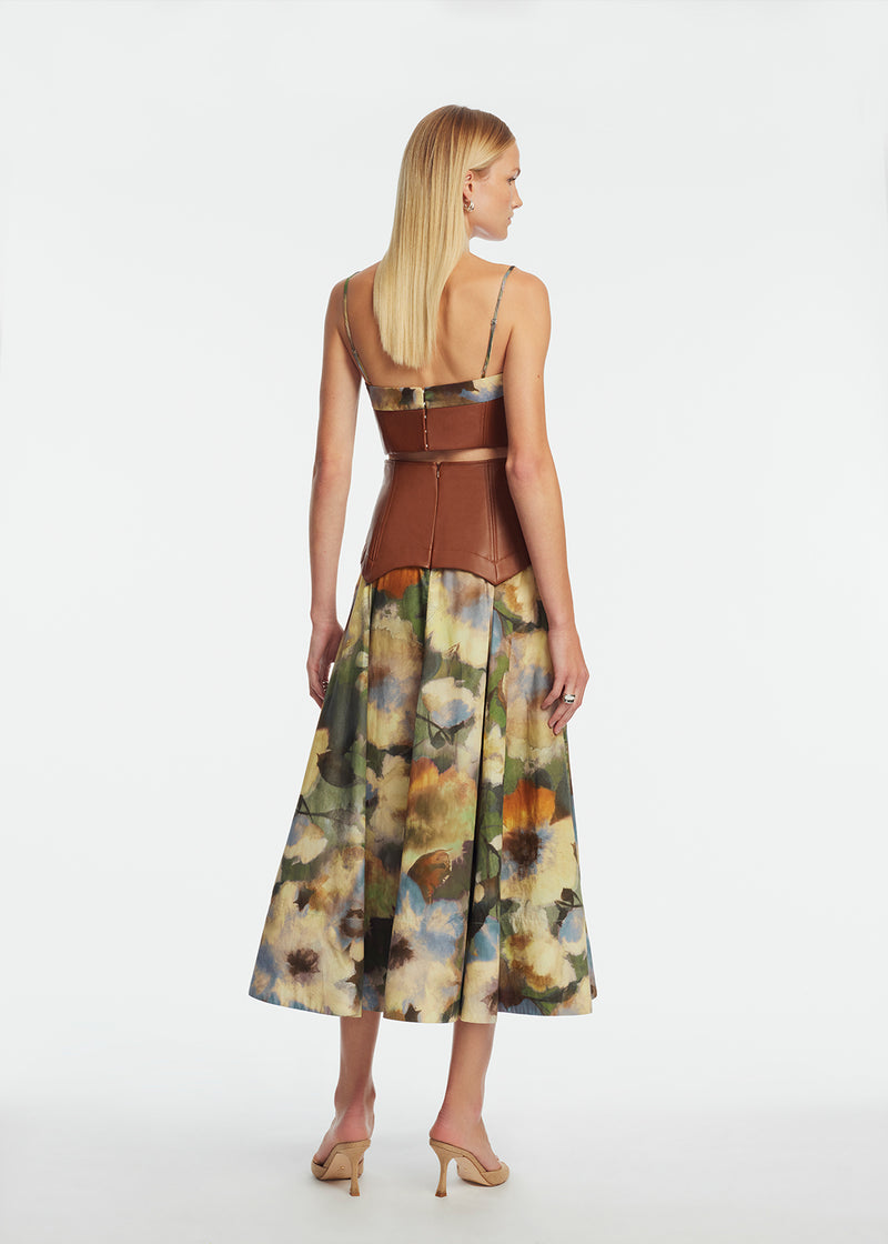Floral Printed Cotton Leather Yoke Skirt
