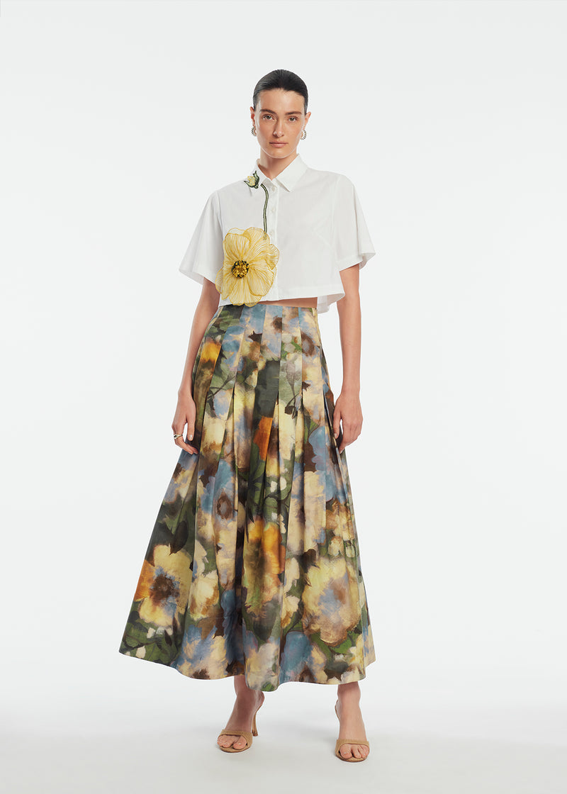 Peony Embroidered Cotton Poplin Cropped Shirt