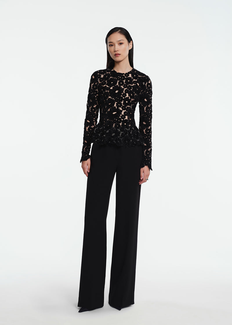Embroidered Chenille Tulle Peplum Top