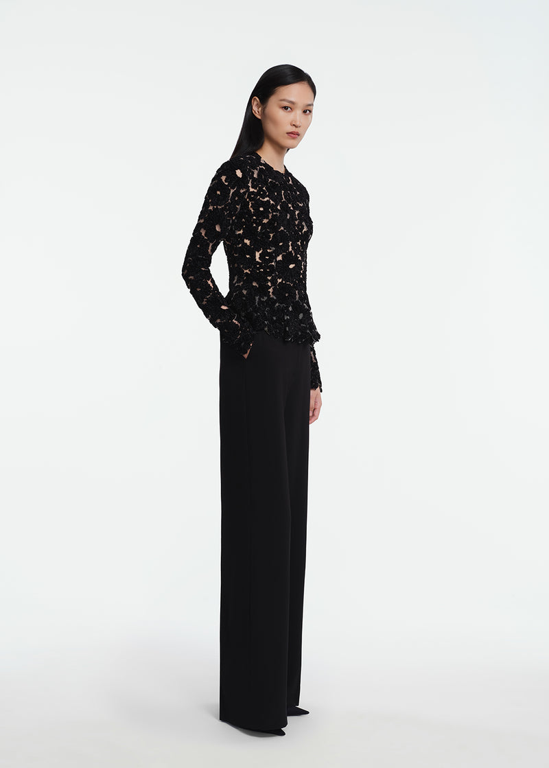 Embroidered Chenille Tulle Peplum Top