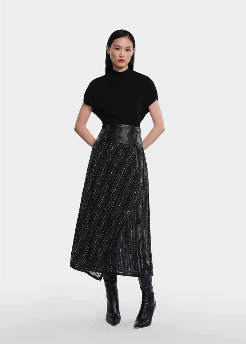Yarn Striped Organza Leather Detail Skirt