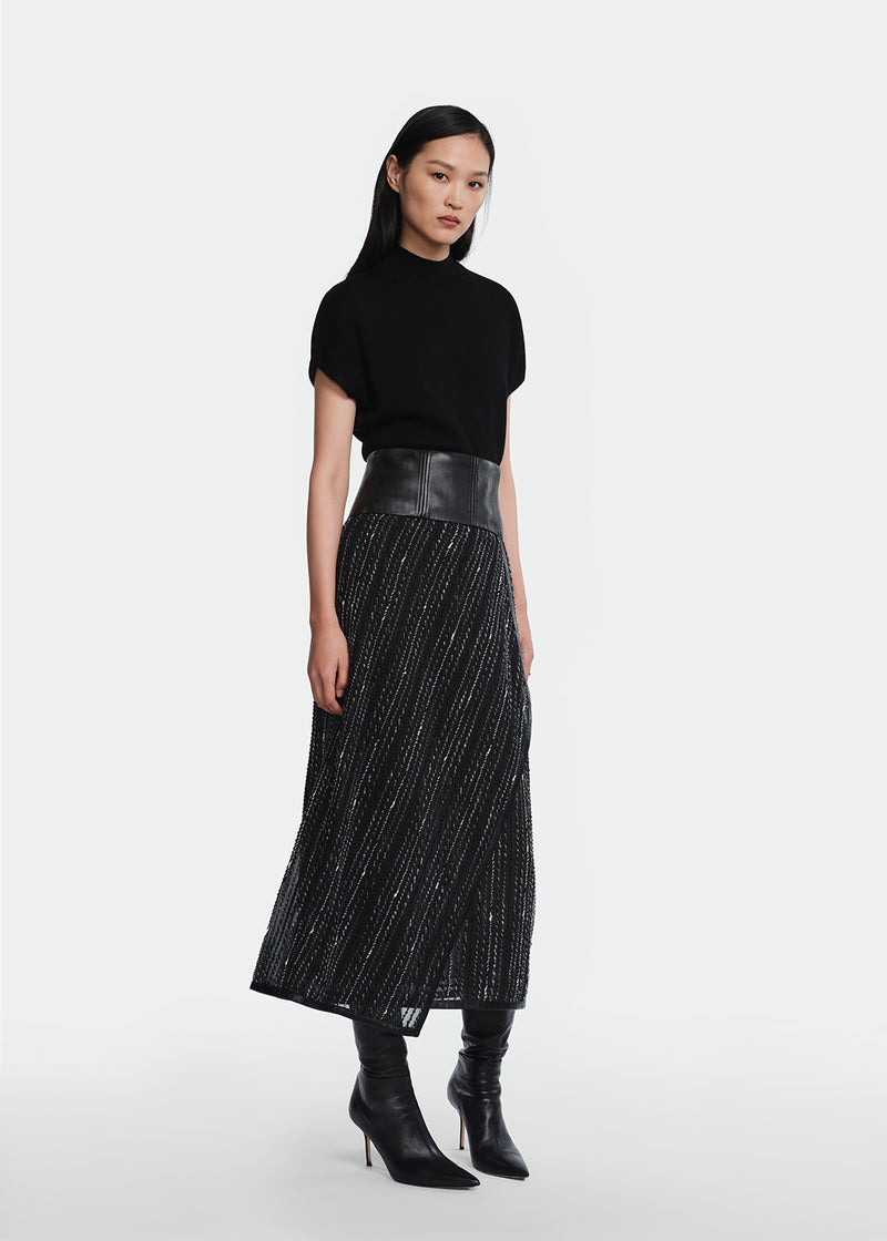 Yarn Striped Organza Leather Detail Skirt