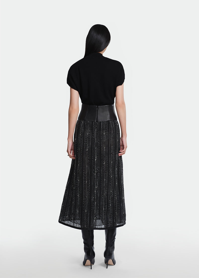 Yarn Striped Organza Leather Detail Skirt