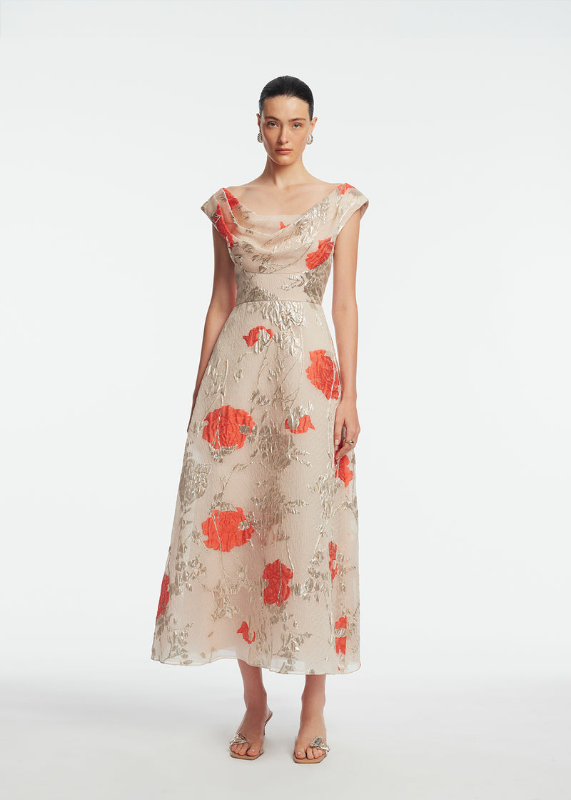 lela rose metallic dress Lela Rose | Floral Fil Coupe Draped Dress