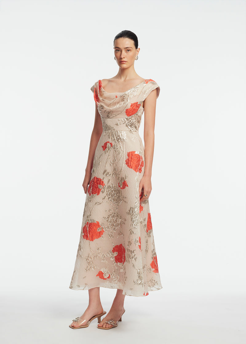Floral Fil Coupe Draped Dress