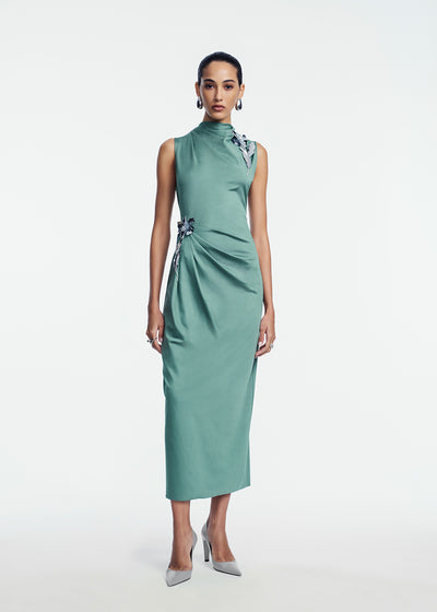 3D Metallic Embroidered Satin Jersey Column Dress