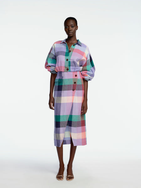 トップス Mame SUMMER WOOL PLAID WRAP-FRONT TOP Plaid Linen Button Front Cropped Top – Lela Rose