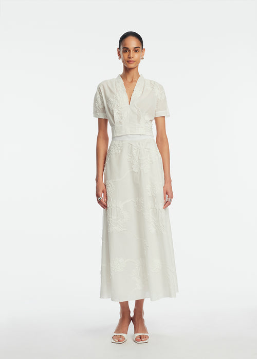Ribbon Embroidered Cotton V-Neck Top