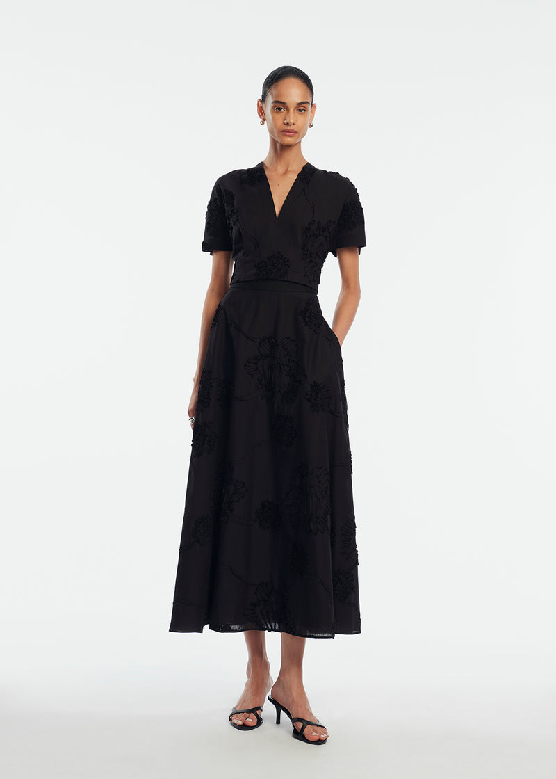 Ribbon Embroidered Cotton Full Skirt Black / 0 / S261657