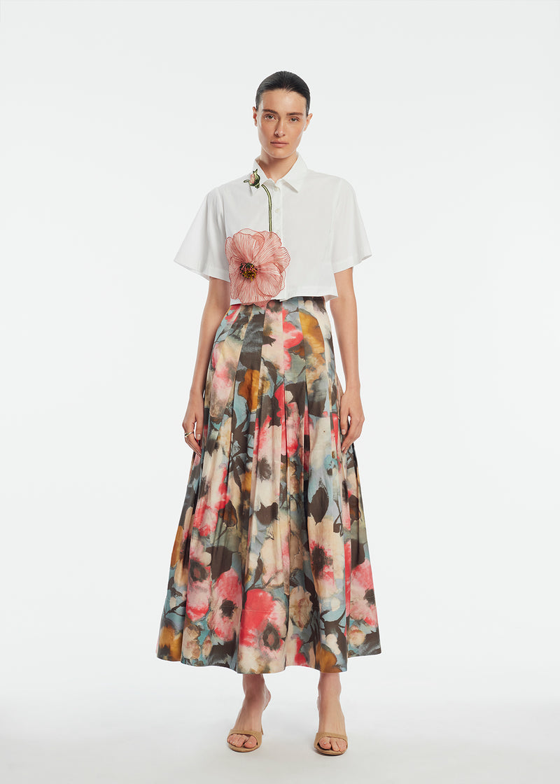 Peony Embroidered Cotton Poplin Cropped Shirt