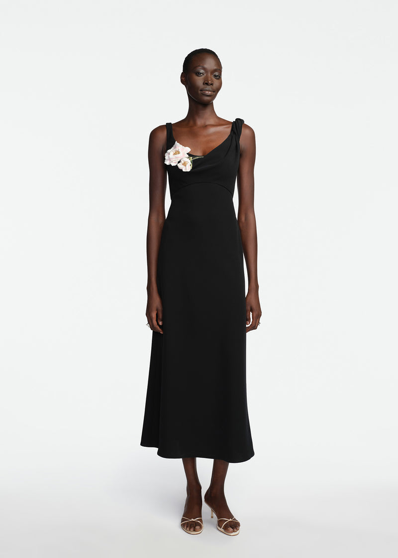 3D Peony Embroidered Fluid Crepe Twist Detail Dress Black / 10 / PF269579 3D Peony Embroidered Fluid Crepe Twist Detail Dress Black / 10 / PF269579