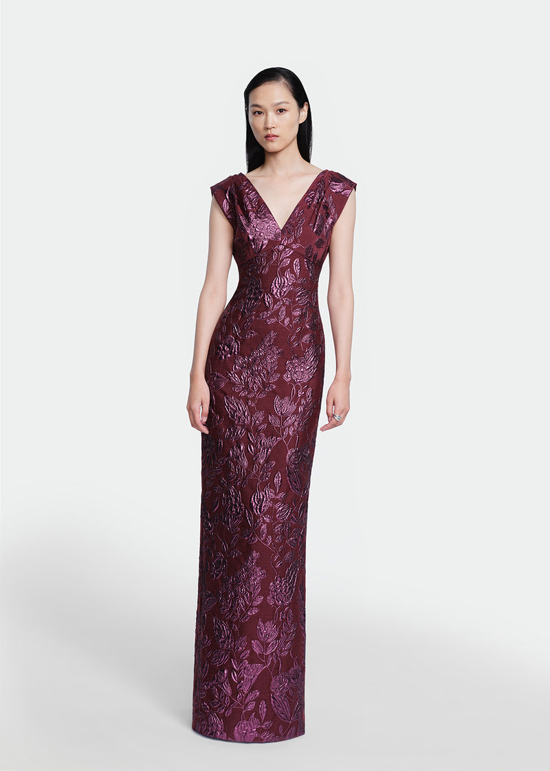 Floral Fil Coupe V-Neck Gown